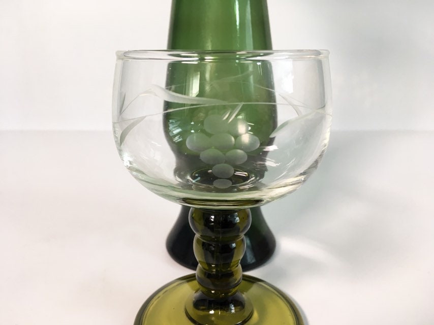 4 Vintage Roemer Austrian Wine Glasses Set of 4 Green Stem Clear Bowl