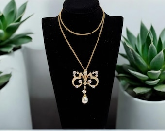 Vintage Ornate Pendant Necklace Converter Brooch - Chandelier Style Faux Pearl & Rhinestone Drop Gold Tone Metal - Statement Retro Jewelry