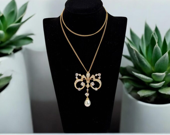 Vintage Ornate Pendant Necklace Converter Brooch - Chandelier Style Faux Pearl & Rhinestone Drop Gold Tone Metal - Statement Retro Jewelry