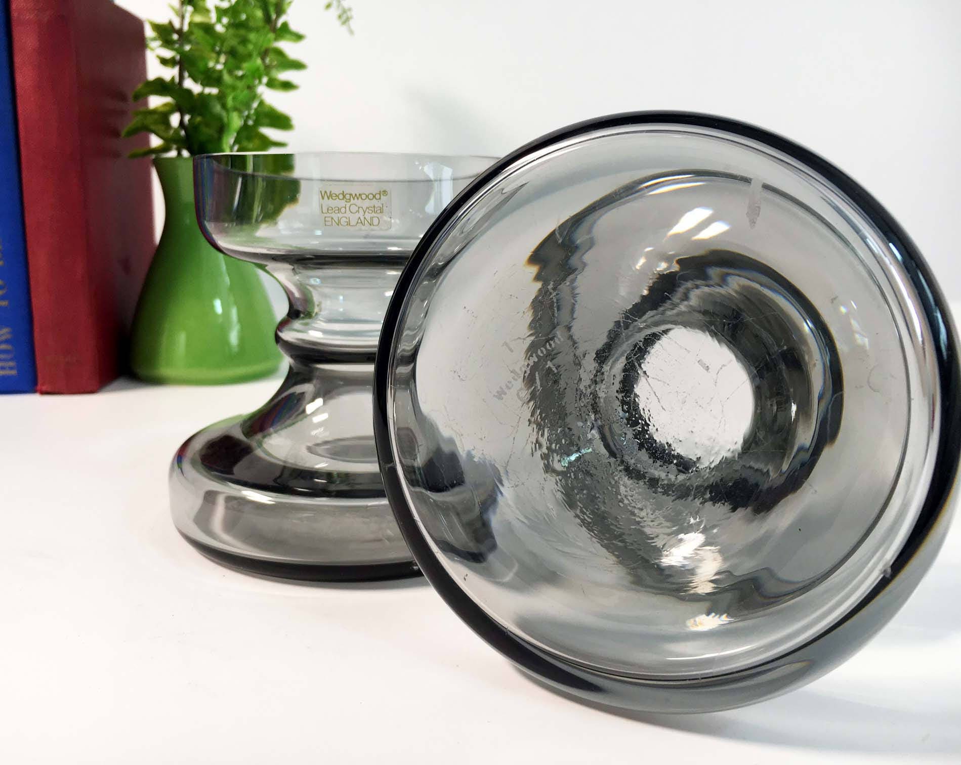 Vintage Pair of Wedgwood Glass Candleholders Midnight Grey Frank