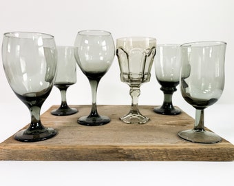 Vintage Smokey Gray Glass Goblet Set: Retro Stemware Collection