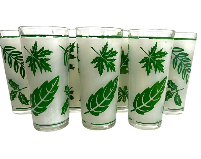 Set of 6 Mid century Glasses Frosted White w/ Green Leaf Designs Tall Tumblers- Vintage / Retro Mid Century Modern Drinkware Design