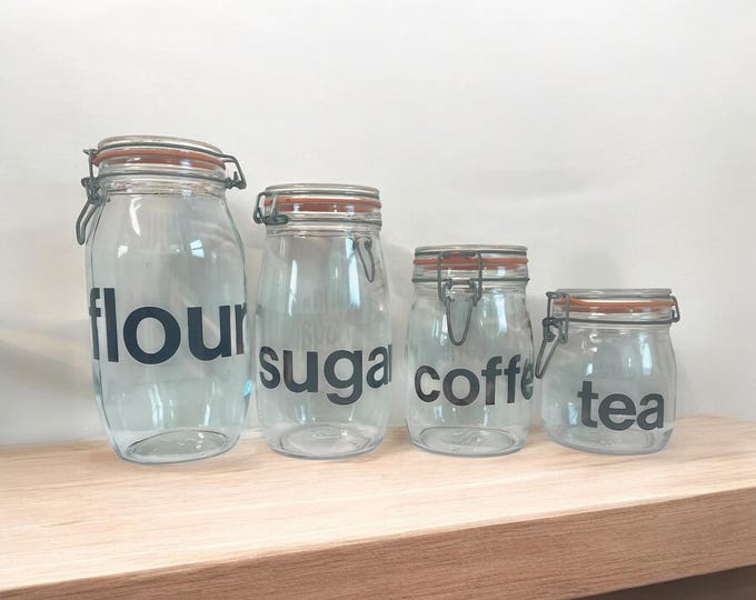 Vintage Modern Graphic Black Letter Triomphe Glass Canister 4-Piece Set | Flour Canister | Sugar Canister | Coffee Canister | Tea Canister