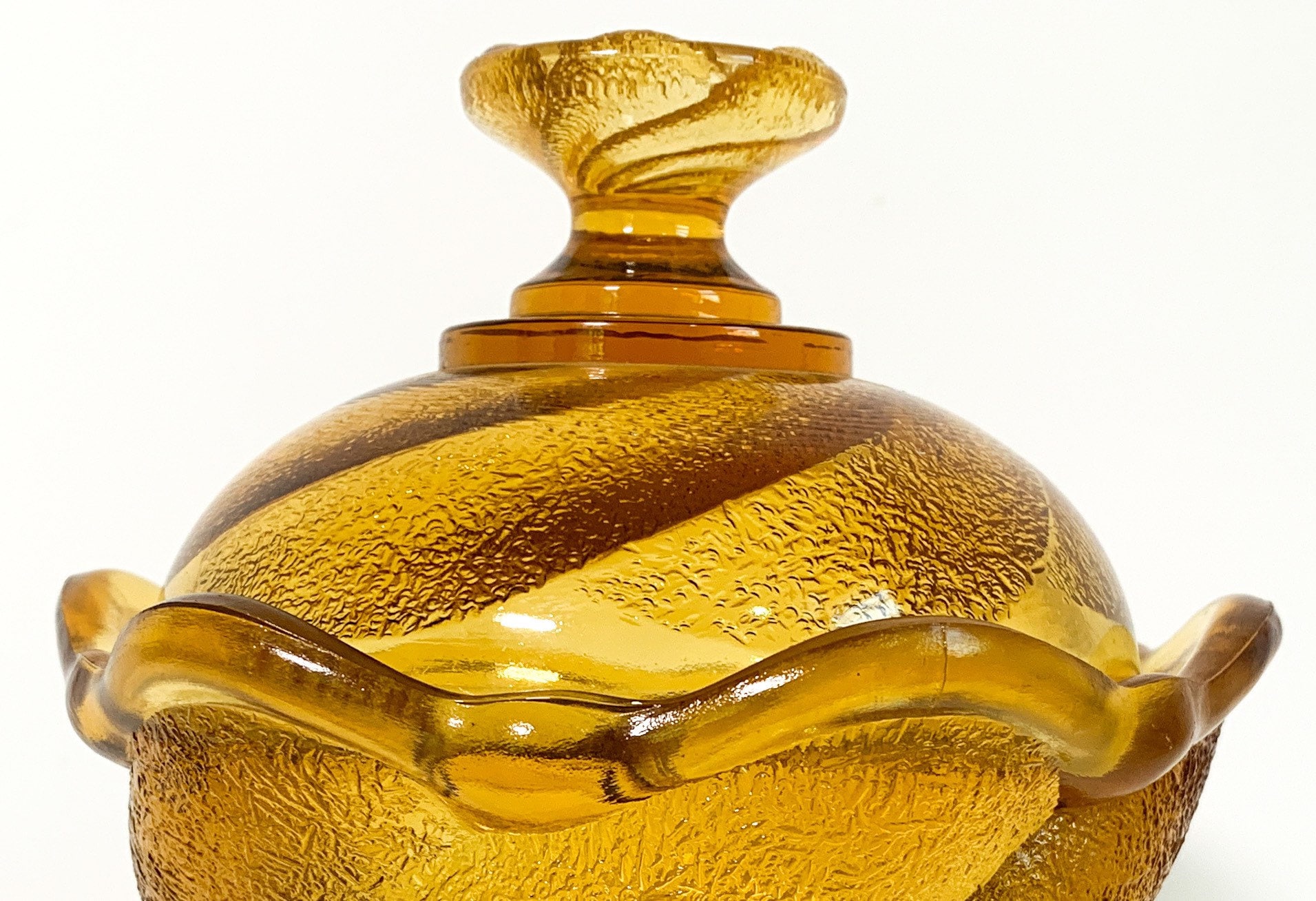 Vintage Amber Candy Dish w/ Lid, Lidded Light Brown Glass Retro Round