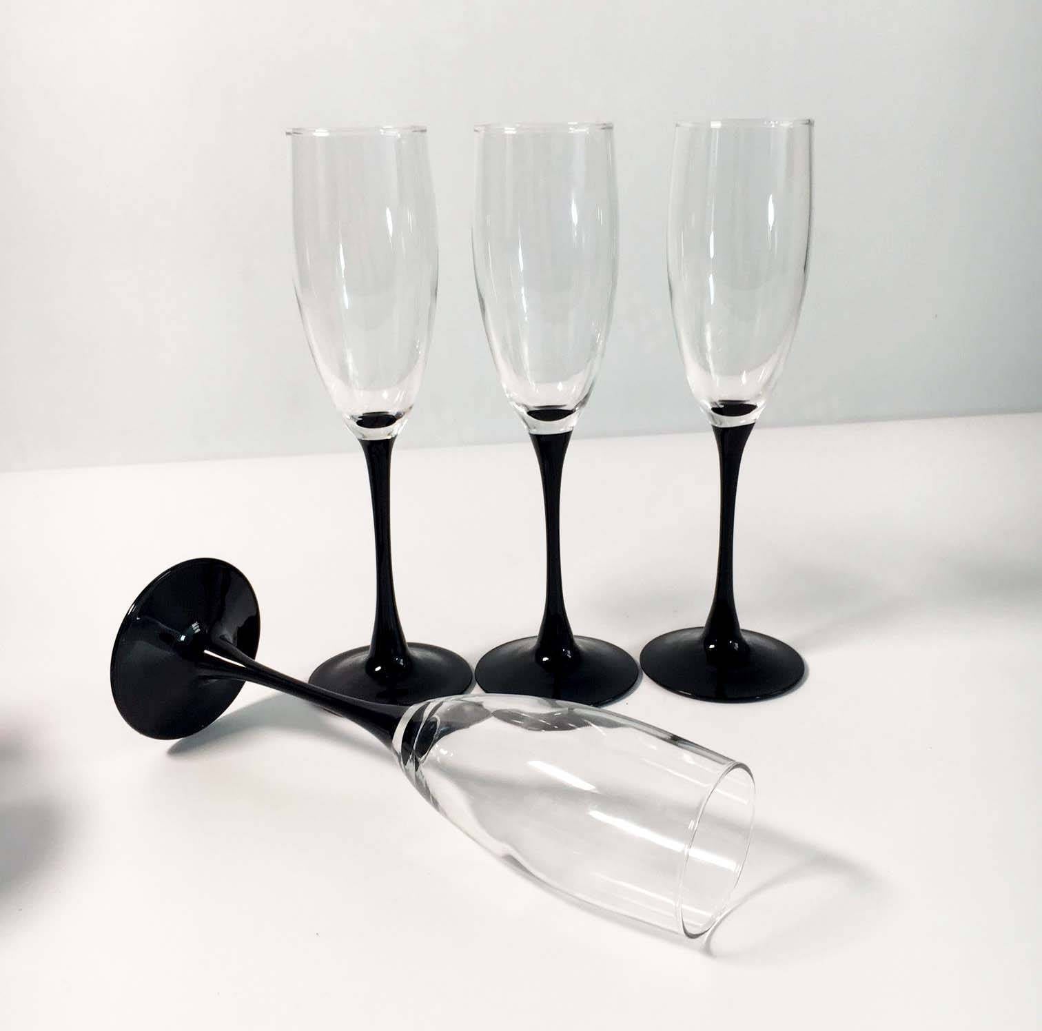 Vintage Set of 4 Luminarc France Black Stemmed Champagne Glasses or