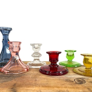 Vintage Glass Candleholders Mix 2nd Time Around Collection 6 Retro Colorful Home Decor Candlestick Holders Depression Era thru Mid Century image 9