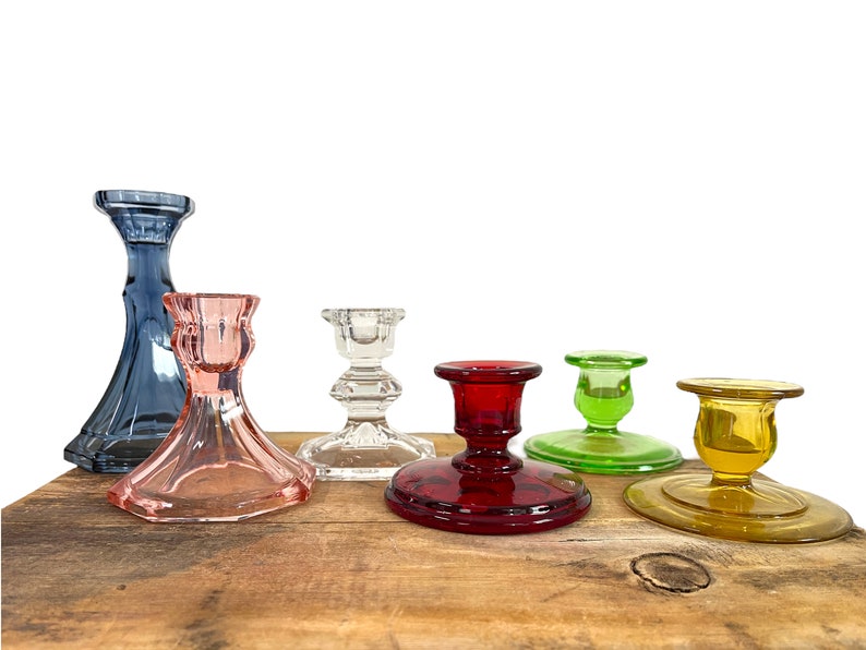 Vintage Glass Candleholders Mix 2nd Time Around Collection 6 Retro Colorful Home Decor Candlestick Holders Depression Era thru Mid Century image 9