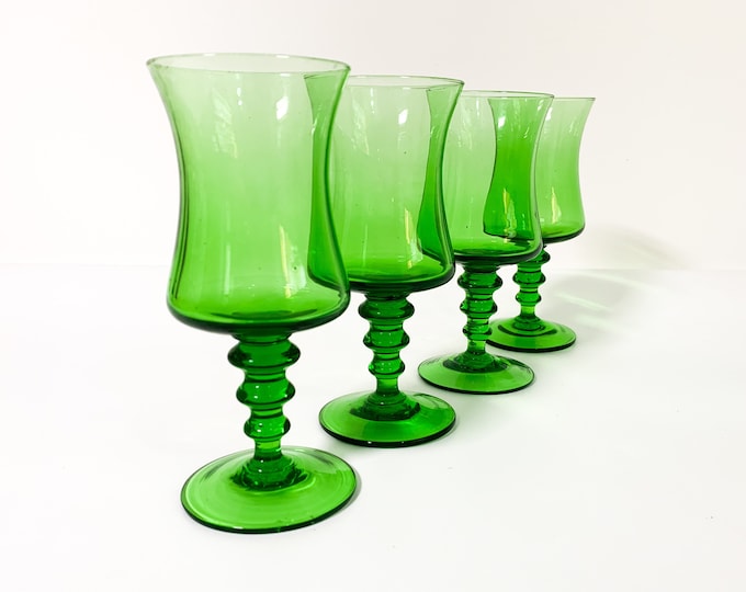 Vintage Richmond Green by Colony Water Glasses - Set of 4 Italian Glassware - Colony Wafer Beaded Stem Blown Glasses Large Goblet Iced Tea