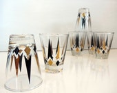 Vintage Golden Peaks Atomic Glasses Set of 8 Lowball Rocks Old Fashioned Diamond Arrow Gold Black Anchor Hocking Mad Men Mid Century
