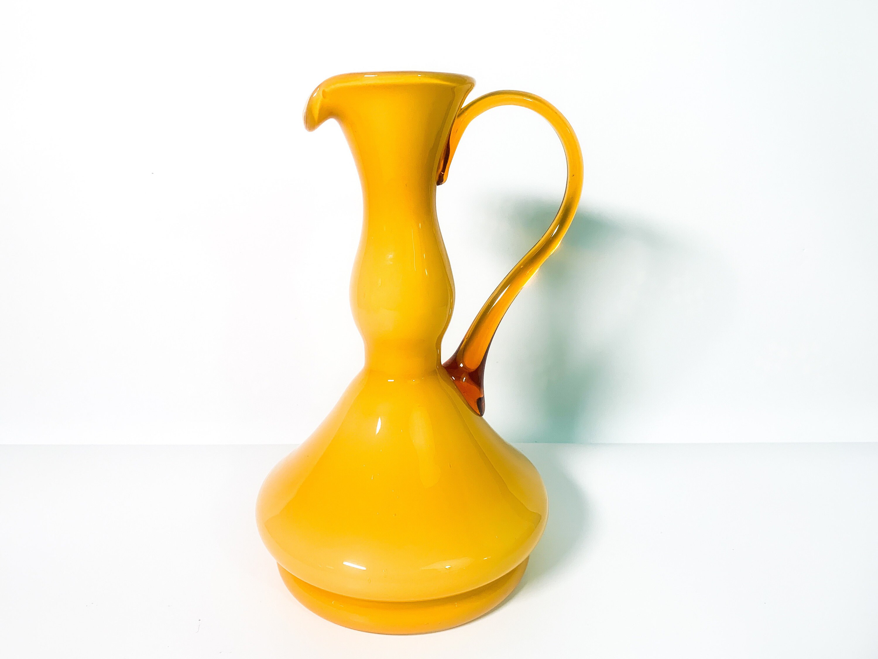 Dining  Stunning Tall Pitcher W Amber Applied Glass Handle 4