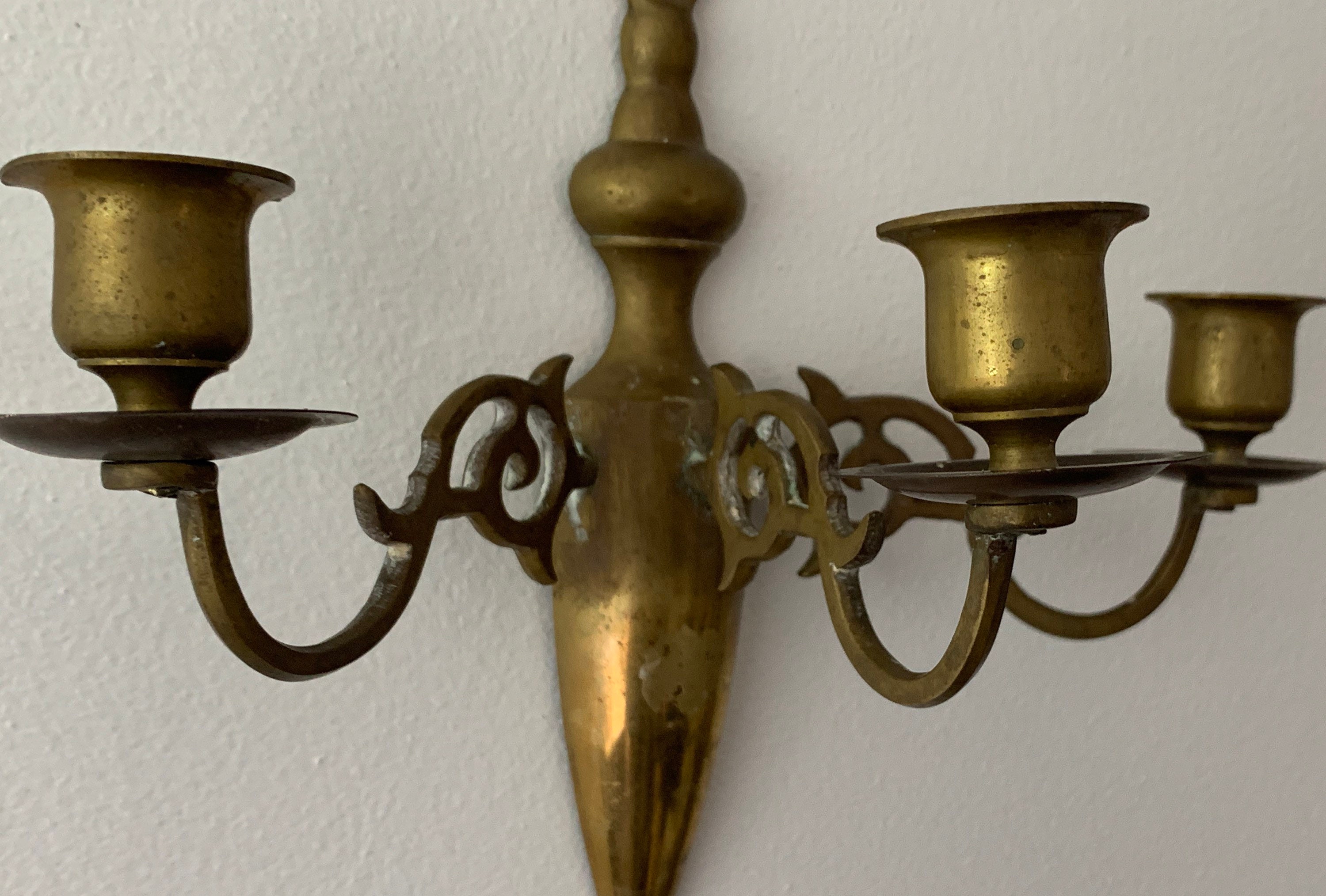 Vintage Single Brass Sconce Candleholders Holds 3 Candles - Retro Wall