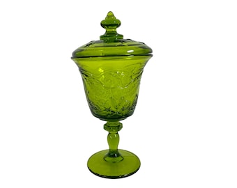 Eagle Pattern Green Candy Jar by Smith Glass Patriotic American Eagle & Stars - Mid century Lidded Footed Dish - Retro Home Decor USA