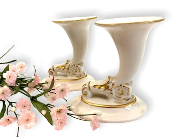2 Vintage Off-White & Gold Ceramic Small Horn Vases or Two Candle Holders - Pair Petite Matching Vase w/ Gold Trim - Retro Home Decor