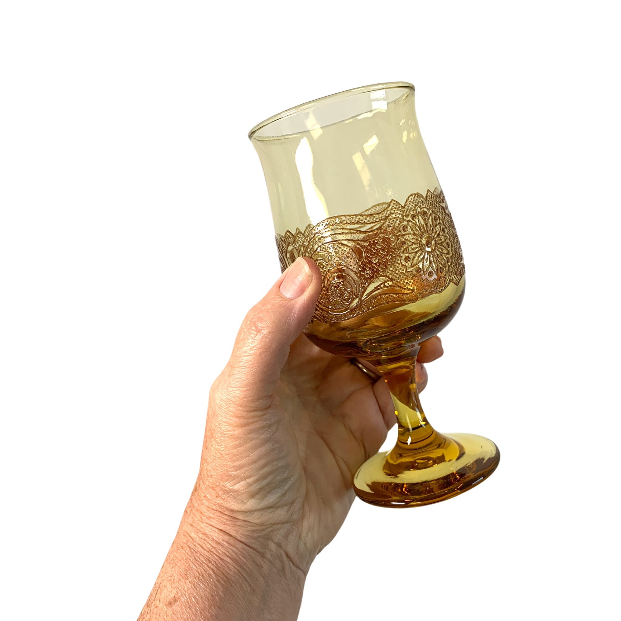 4 Vintage Libbey Americana Amber Glass Water Goblet Four Retro Large