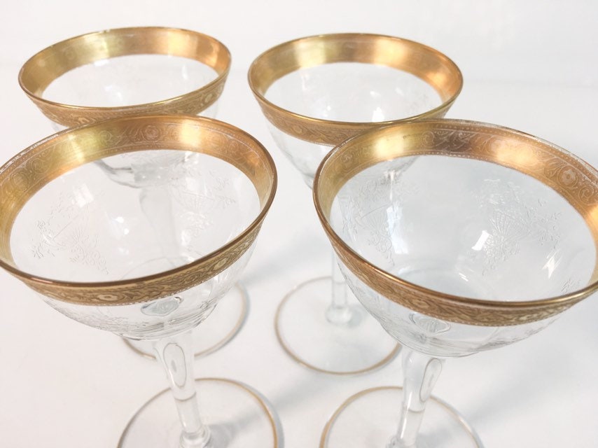 4 Vintage Gold Rimmed Wine Glasses Four Retro Liquor Cocktail Wine