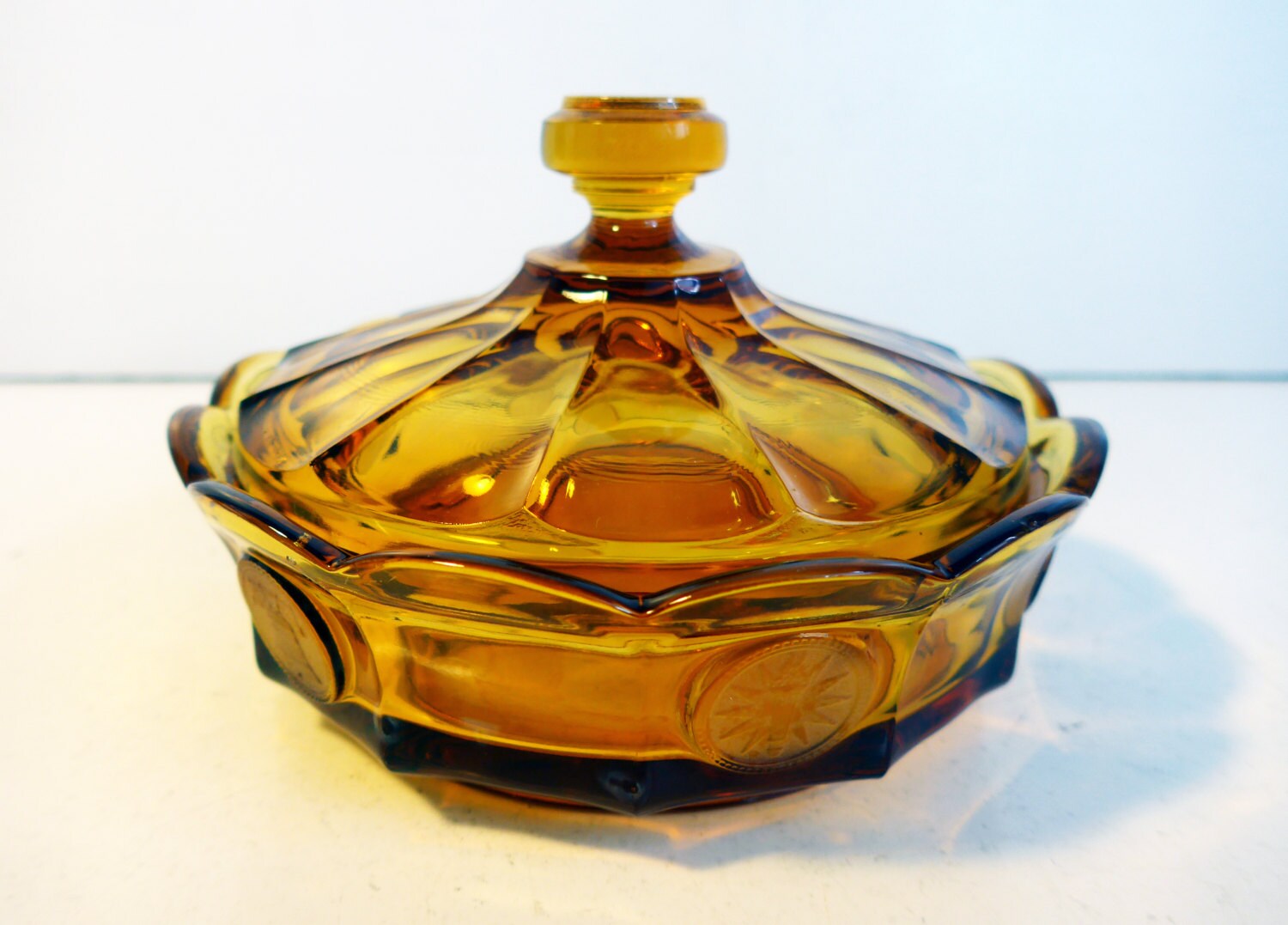 Vintage Fostoria Candy Box & Lid in Coin Glass Amber Glass Lidded