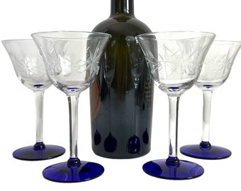 Vintage Etched Star Cocktail Glasses - Cobalt Blue Base, Set of 4