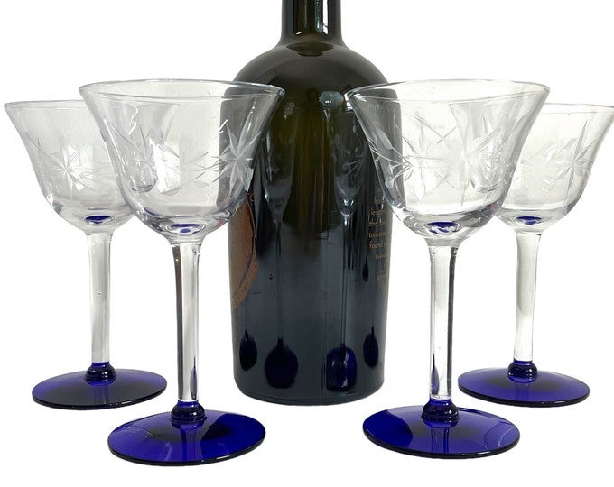 Vintage Set 4 Cocktail Glasses Etched Cut Stars w/ Vine - Clear Bowl & Stem w/ Cobalt Blue Base Liquor - Retro Cordials Stemware Dining