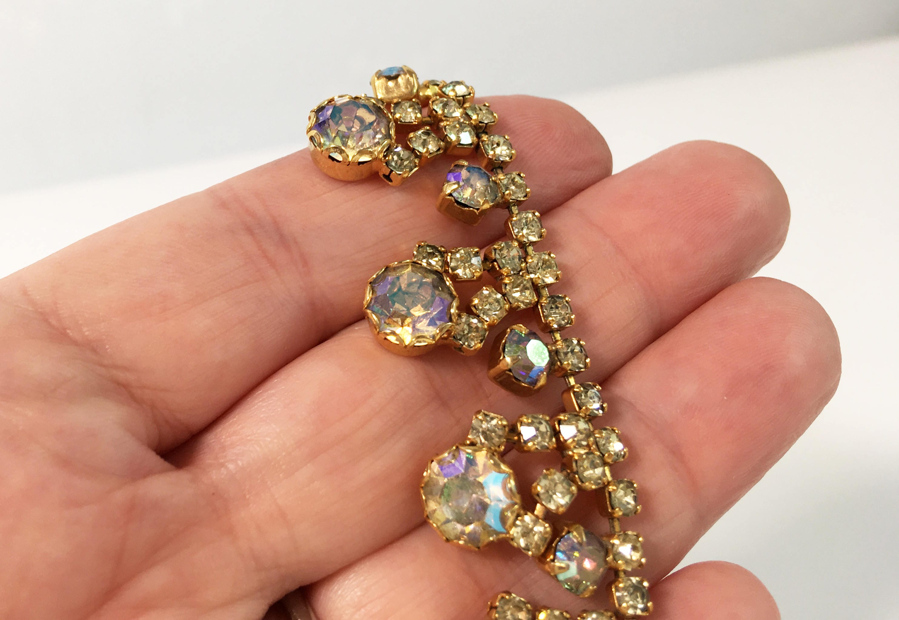 Vintage Aurora Borealis Choker Necklace Faceted Round Rhinestone Gold