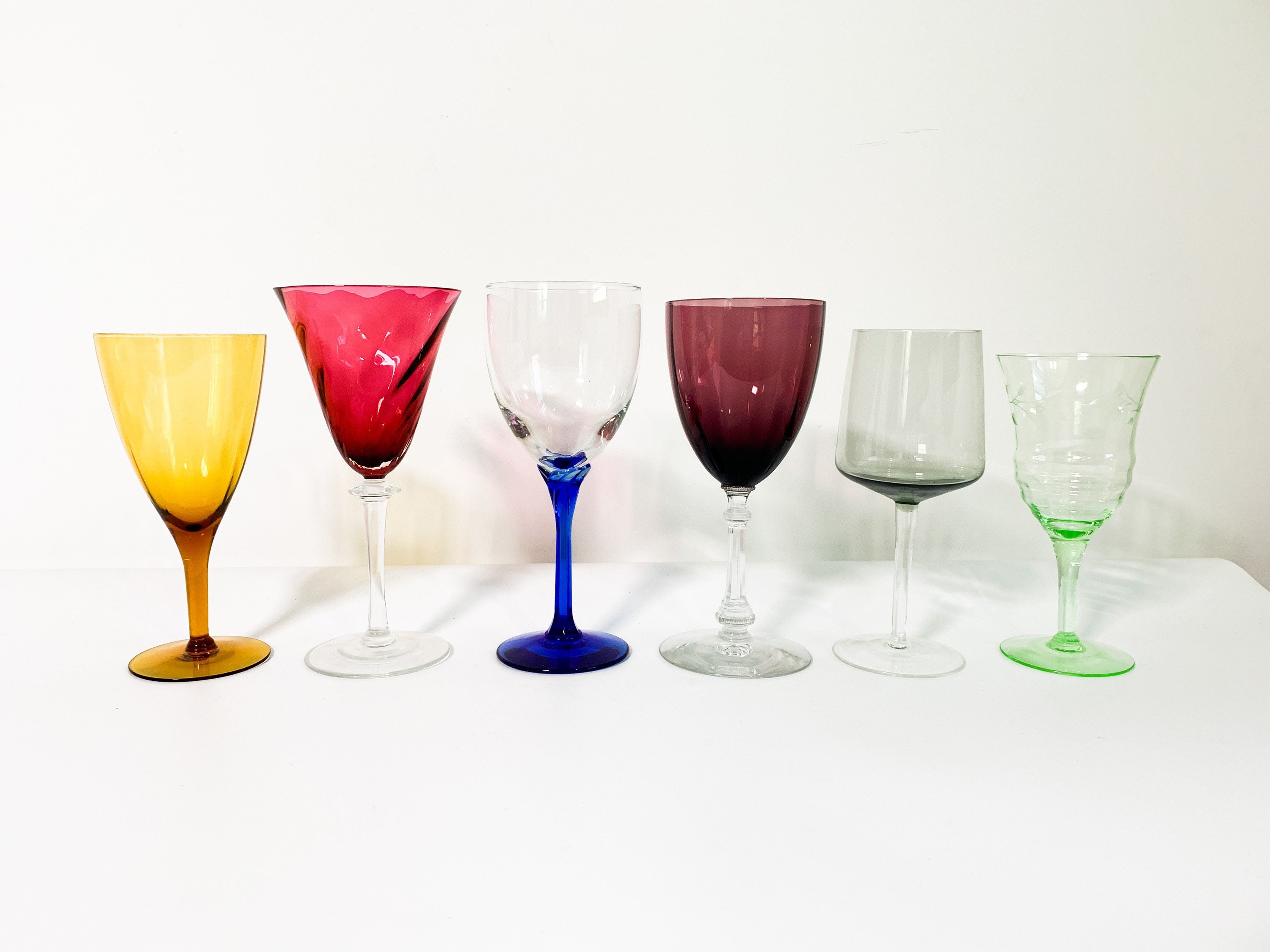 Download 2nd Time Around Vintage Set 6 Multi-Color Wine Glasses - Unique Retro Combo / Collection Water ...