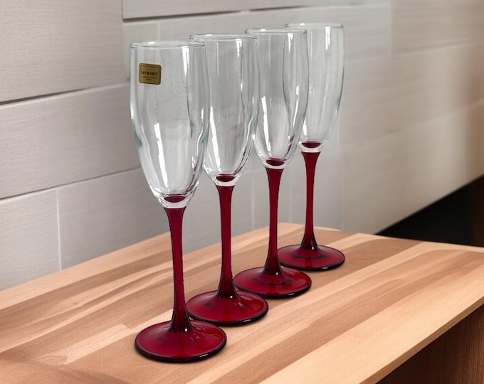 4 Vintage Red Stem Champagne Flutes / Glasses Ruby w/ Clear Bowl - Vintage Glassware - Set of Four