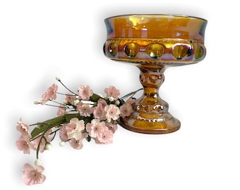 Vintage Iridescent Amber Glass Kings Crown Compote / Pedestal Bowl Jar or Candy Dish - Mid century MCM Art Glass Home Decor