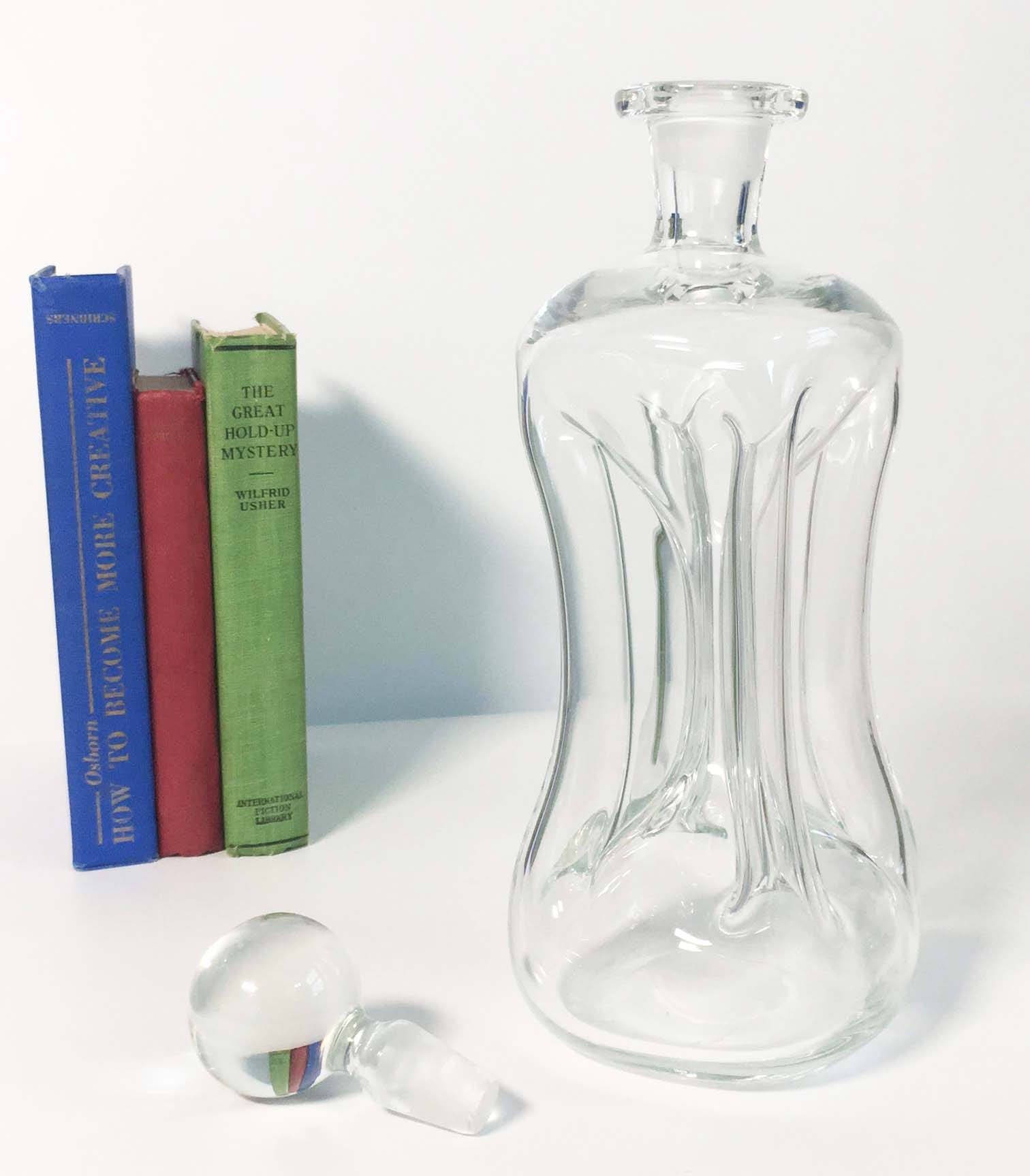 Retro Clear Art Glass Pinch Decanter with Stopper Danish Modern