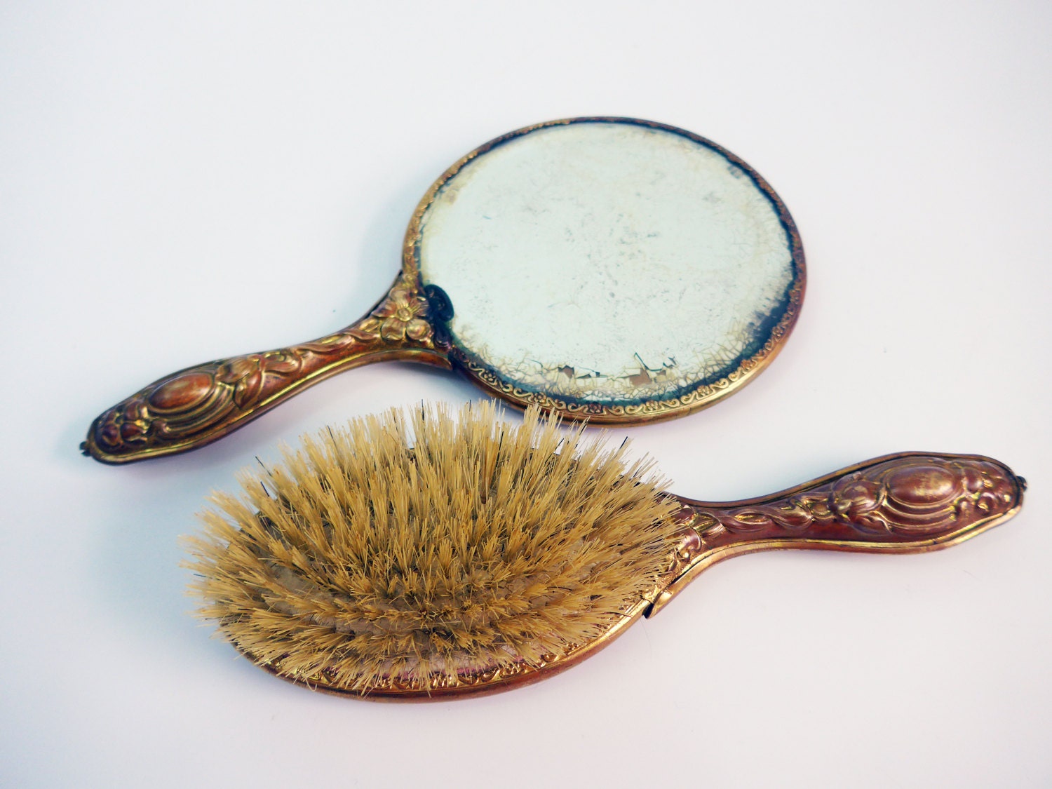 Antique Brush and Mirror Set Red & Gold tone metal Retro Ornate