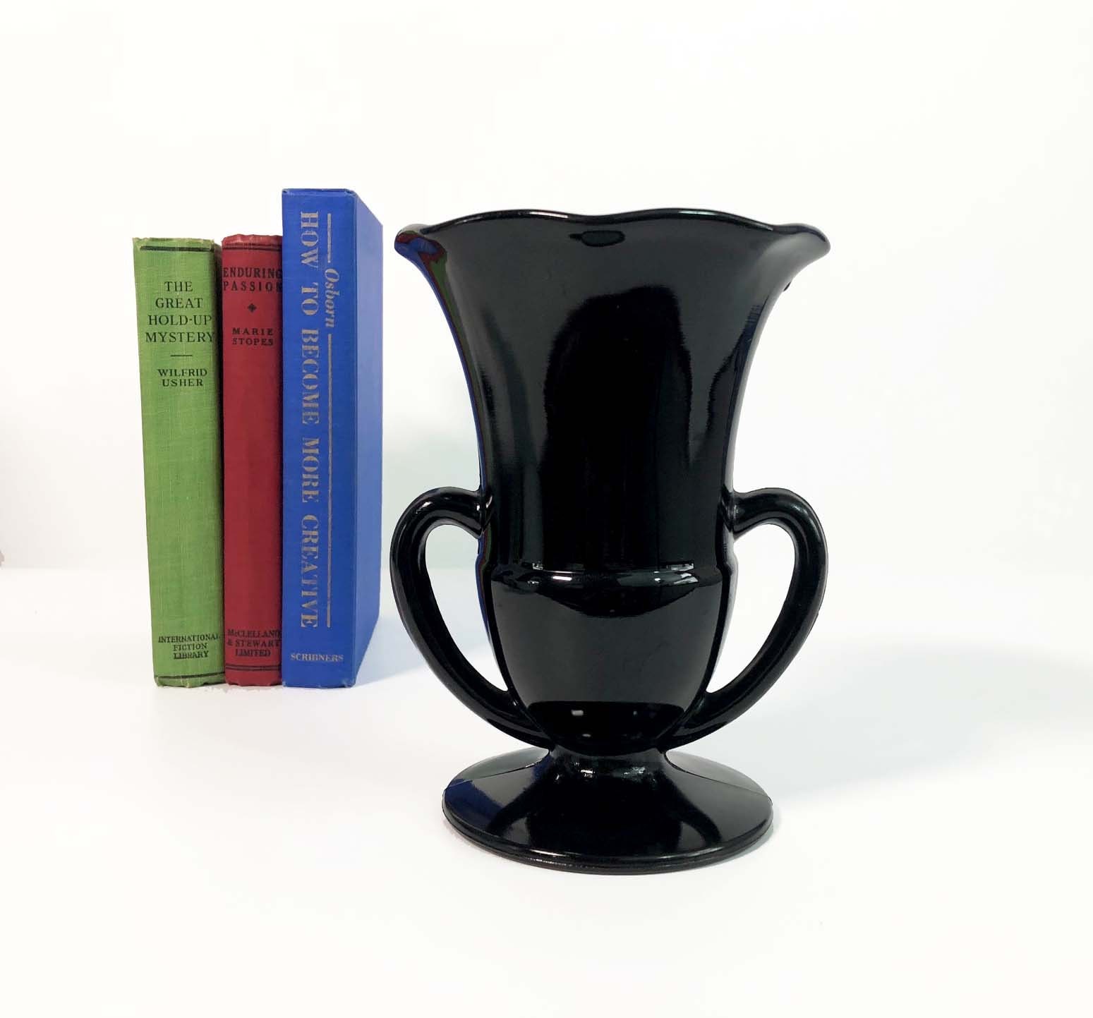 Black Amethyst Depression Glass Double Handled Footed Vase Trophy