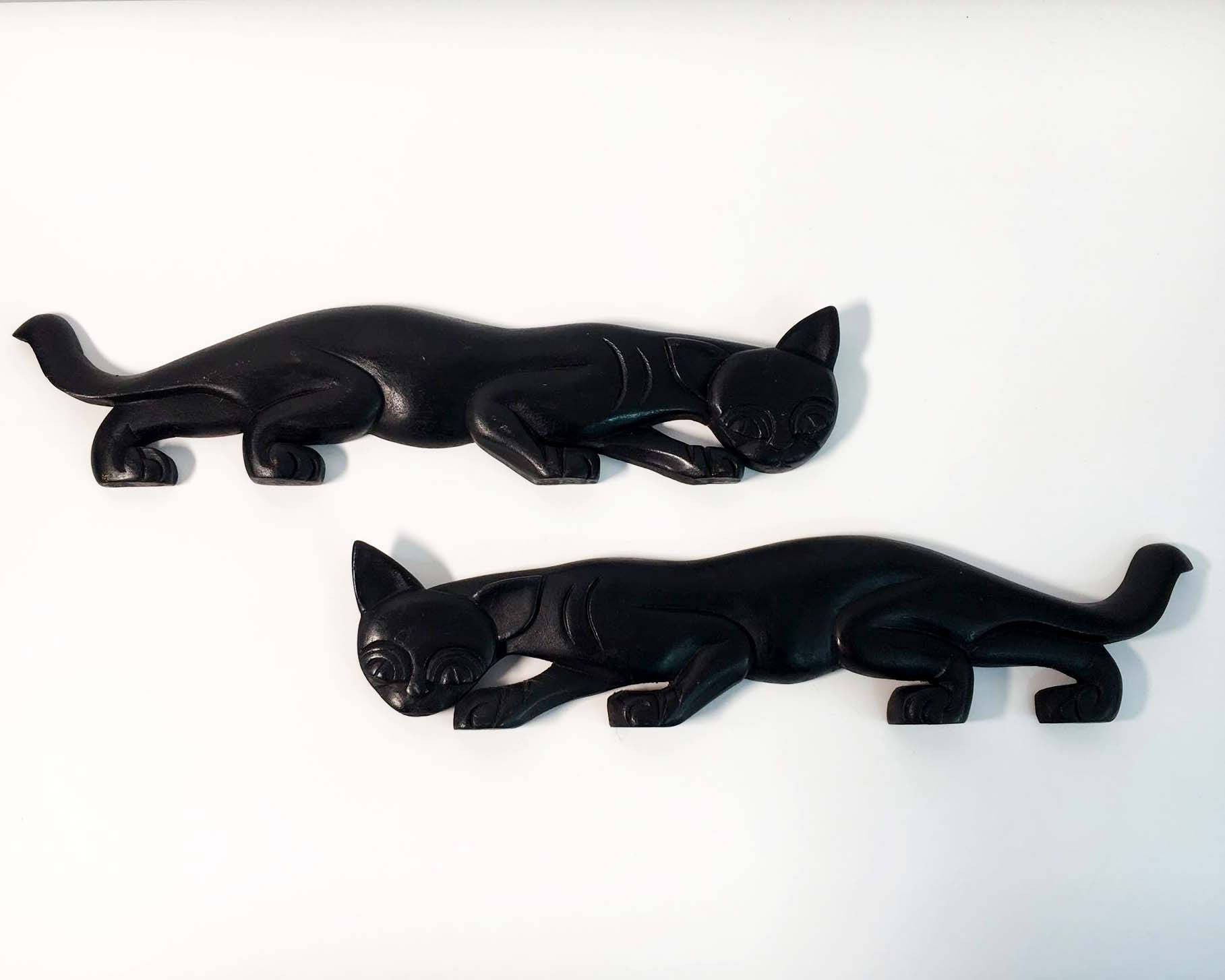 RESERVED Vintage Pair of Wooden Black Cat Statues or Wall Hangings - Set of 2 Matching Retro