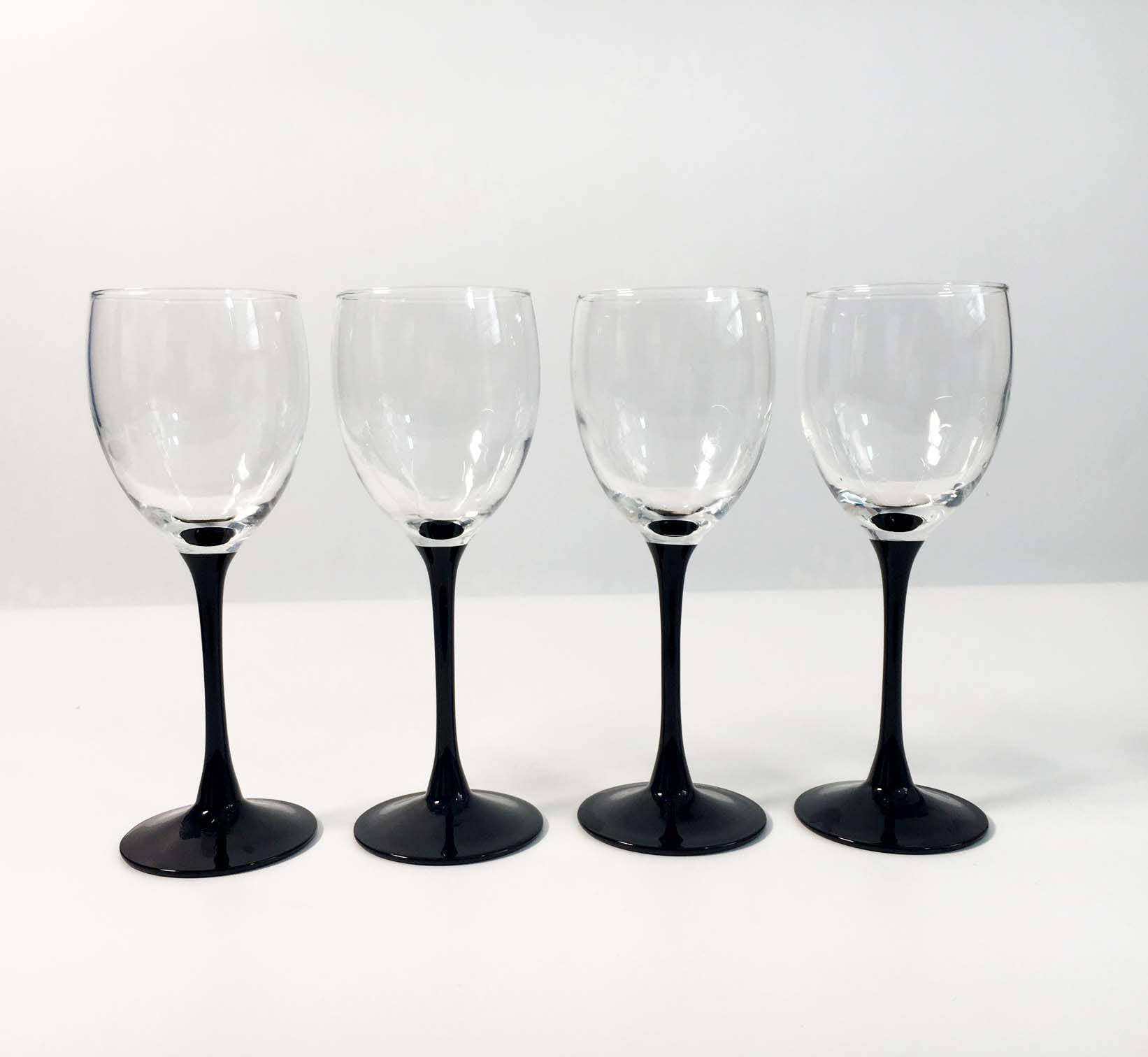 An Alluring and Rare Set of 7 Vintage French Luminarc Octime Tall Wine  Glasses with Oil Black Skinny Stems and Limited Edition Bevel Cut…