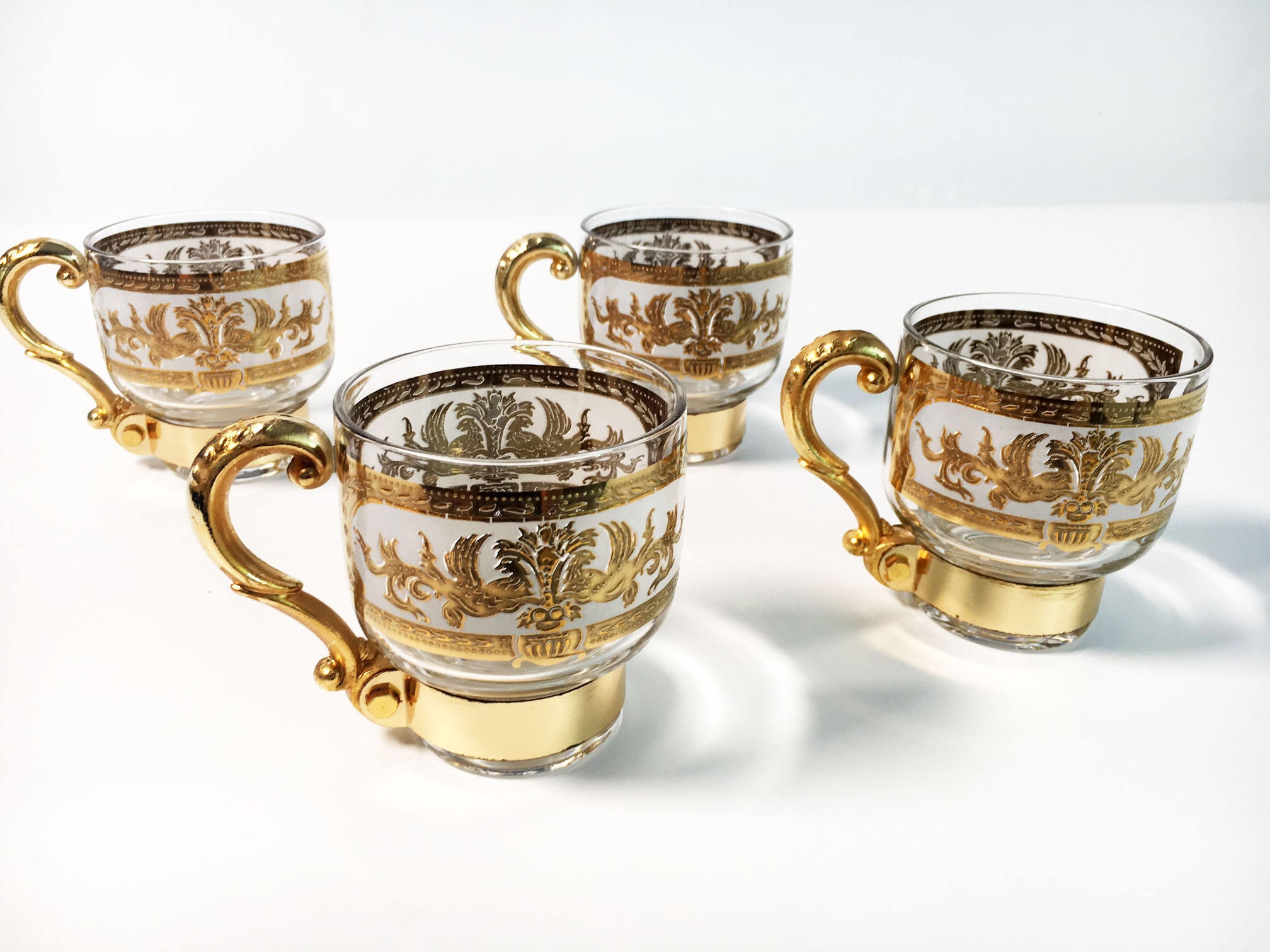 Vintage Gold Glass Coffee Mugs Set Of 4 Clear Dragon Design Gold Handled Glasses Hollywood