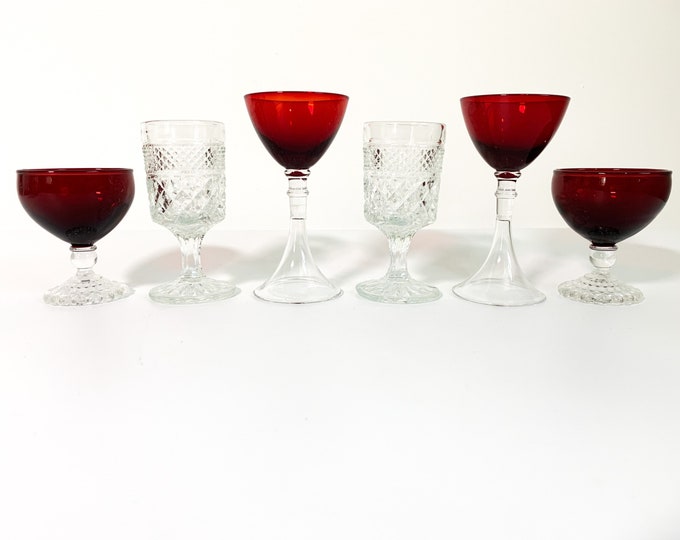Vintage Set 6 Red & Clear Cocktail Liquor Glasses - Unique Retro Collection Combination Barware Stemware Entertaining - Dinner Parties Party