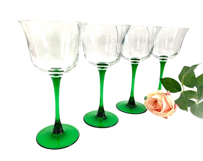 4 Vintage Cristal D'Arques Durand Americana Emerald Green Stem Wine Glasses France - Four Clear Wide Bowl Set - Retro  Luminarc Stemware