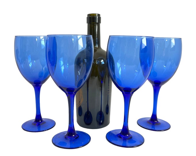 4 Cobalt Blue Water or Wine Glasses / Goblets  Vintage Retro Barware Drinking Glasses Marked Luminarc France