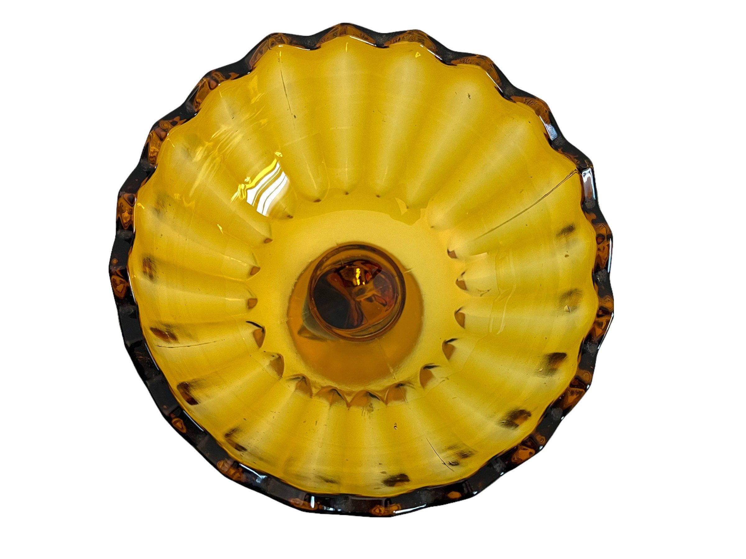 Vintage Amber Glass Compote Pedestal Bowl w/ Curved Leaf Shaped Stem