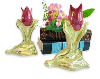 2 Vintage Ceramic Kass Flower Vases - Mid century - Pair Retro Tulip Vase Dark Mauve & Gold Home Decor