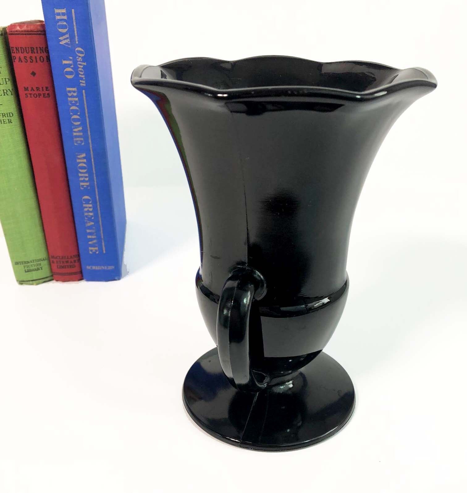 Black Amethyst Depression Glass Double Handled Footed Vase Trophy