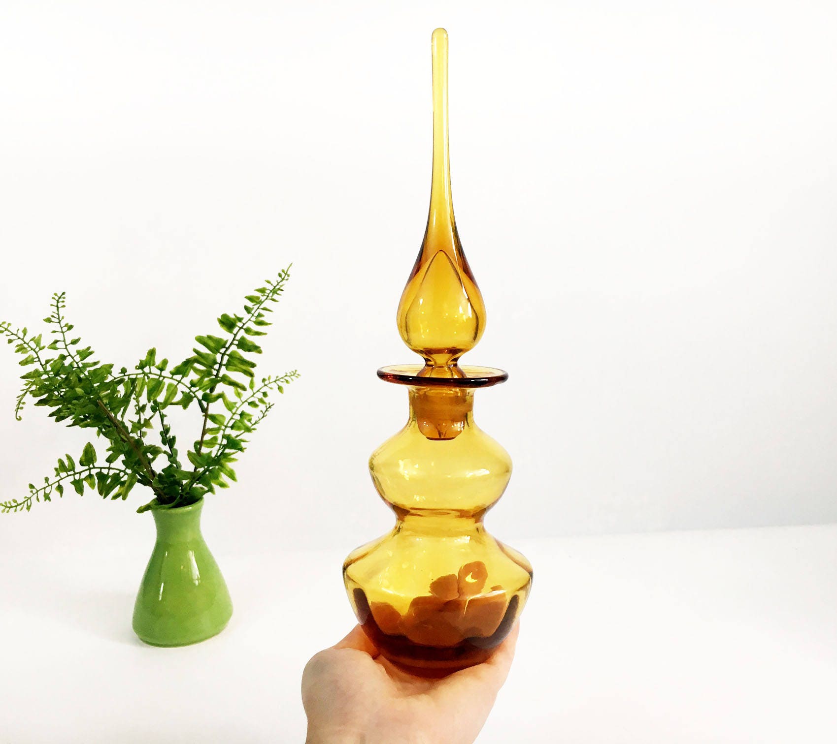 Amber Colored Vintage Glass Decanter Bottle with Round / Bulbous Stopper Blenko Style Art