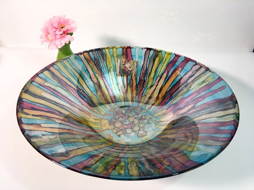 Vintage Art Glass Bowl Large Metallic Mod Modern Hand Decorated In Italy Colorful Centerpiece