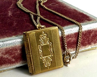 Vintage Etched Book Locket Necklace – Gold Toned Mid Century Pendant (16" Chain)