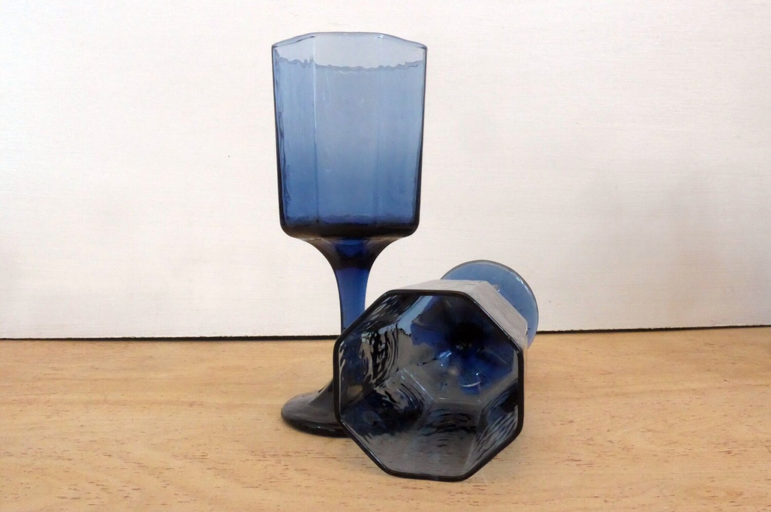 Vintage Set of 4 Libbey Blue Facets Wine Glasses Textured Cobalt Blue