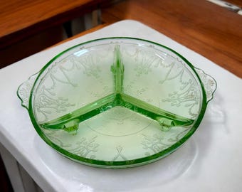 Vintage Cameo Green Depression Glass Divided Dish, Round Serving Dish 2 Handles Anchor Hocking
