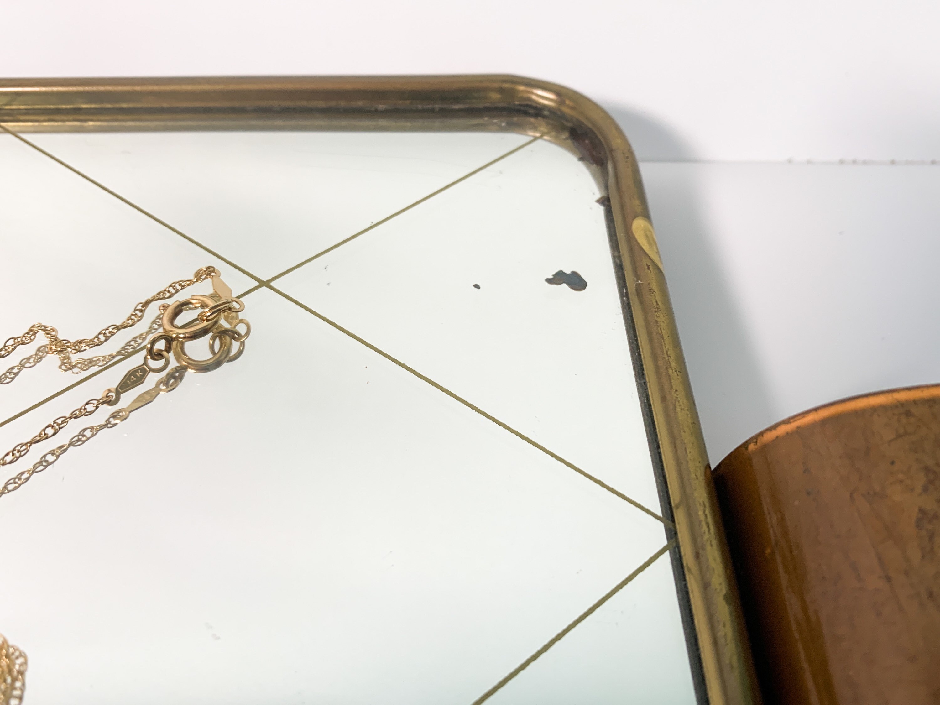 Vintage Rectangular Vanity Tray Large Mirror w/ Brass Edges Copper Handles & Crisscross