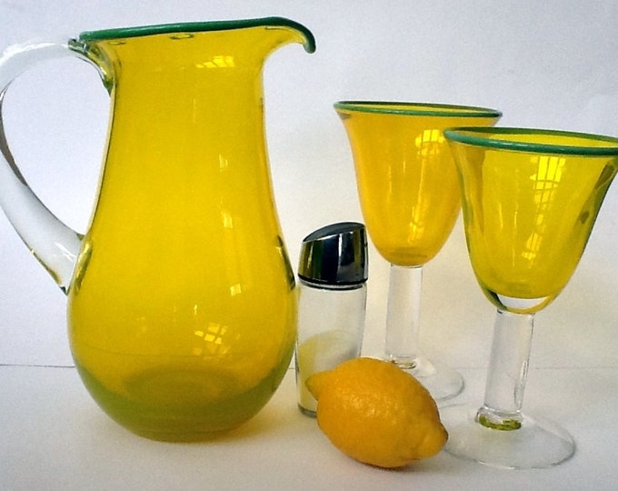 Vintage Hand Blown Margarita Set Pitcher and 2 Glasses Etsy