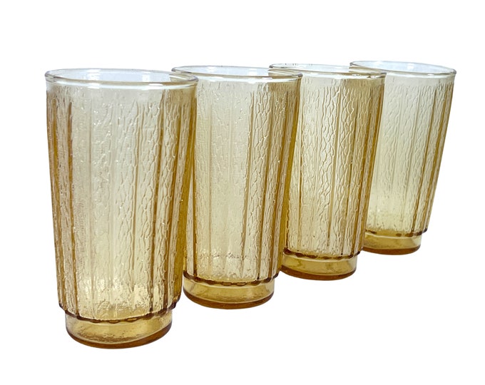 4 Vintage Sprucewood Honey Gold Tumblers by Hocking Drinking Glasses - Four Glasses w/ Textured Ribs - Unique Retro Drinkware