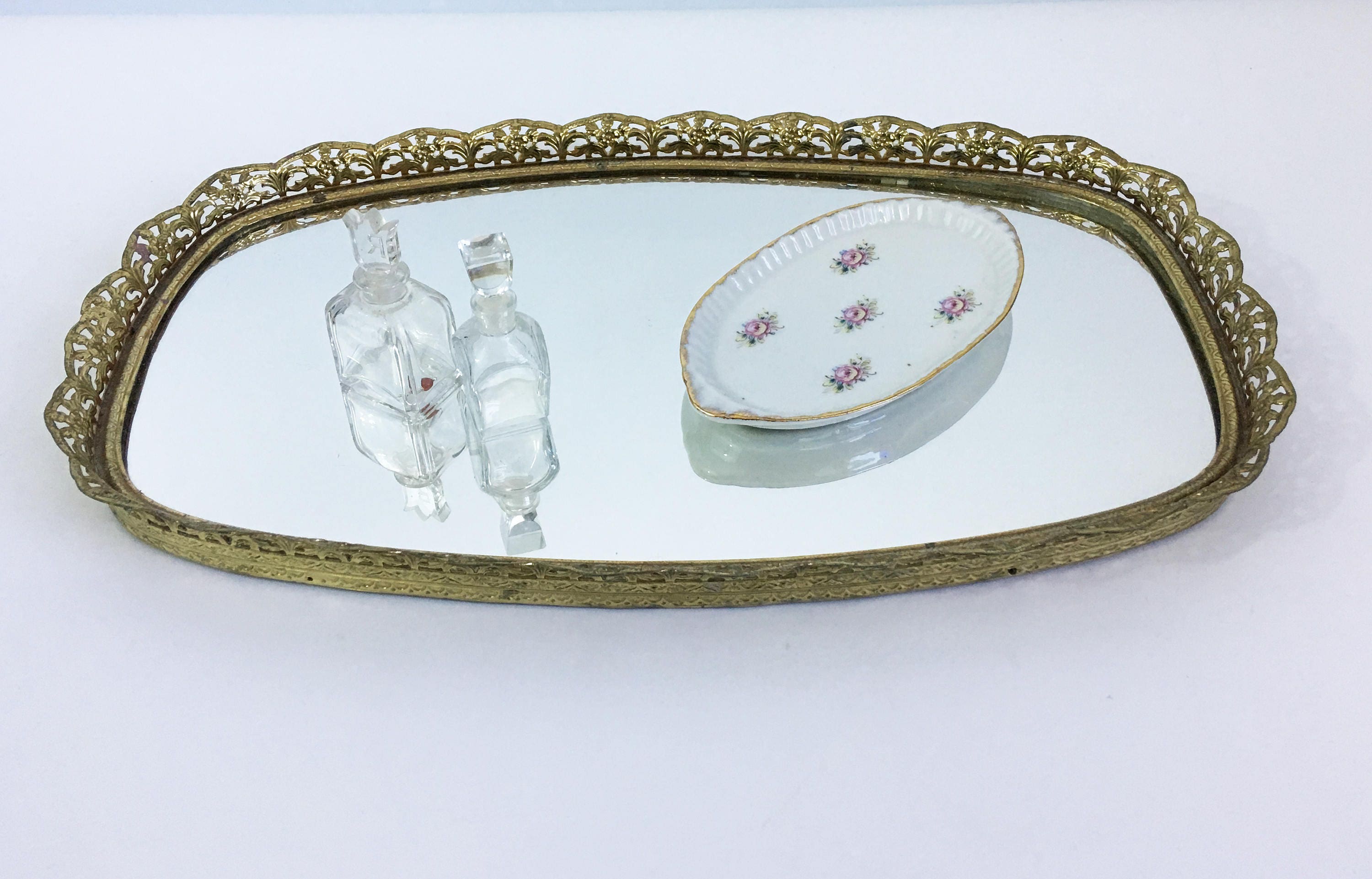 Vintage Rounded Rectangle Vanity Tray or Mirror Large Mirrored Tray