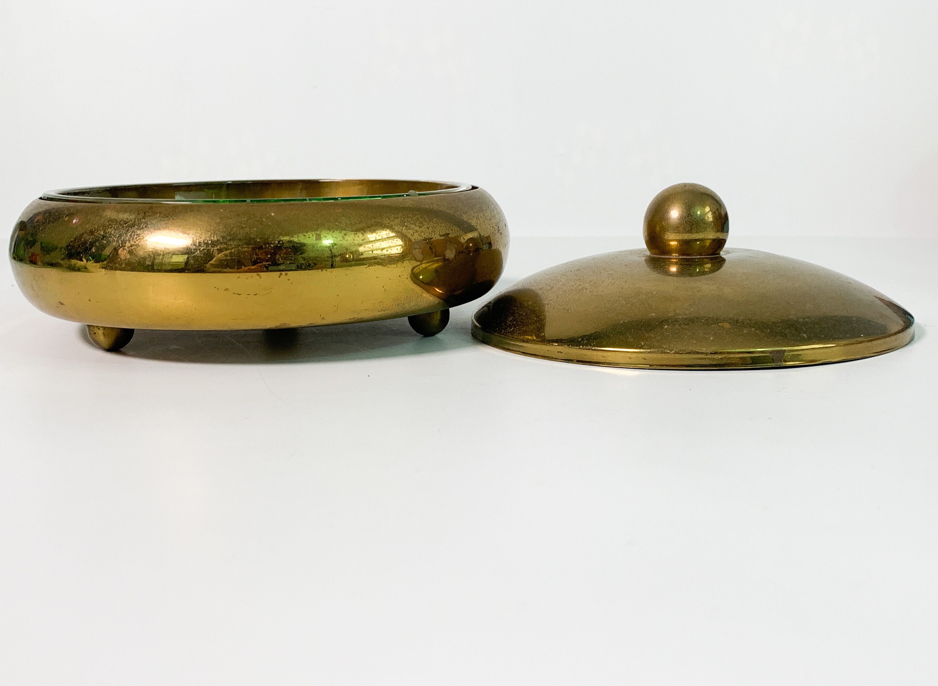 Vintage Round Brass Bowl W/ Lid & Divided Glass Insert Mid Century