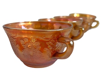 4 Vintage Amber Cups - Set of Four Retro Depression Glass Normandie Pattern Iridescent Orange by Federal Glass