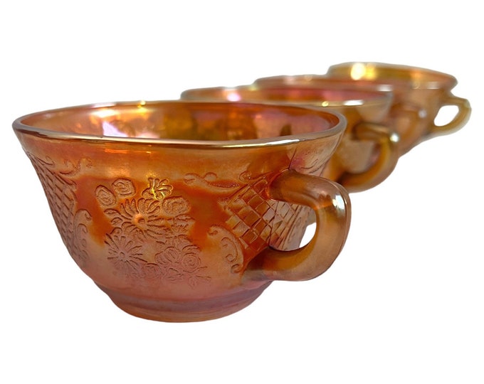 4 Vintage Amber Cups - Set of Four Retro Depression Glass Normandie Pattern Iridescent Orange by Federal Glass